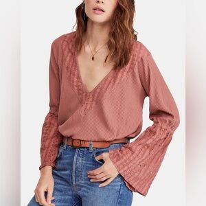 Free People Bell Sleeve Blouse in Dusty Rose